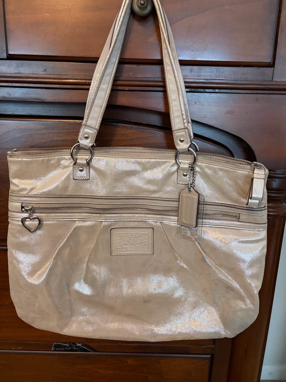 Coach Shimmery Taupe Leather Tote with Heart Charm with 2 Hang Tags